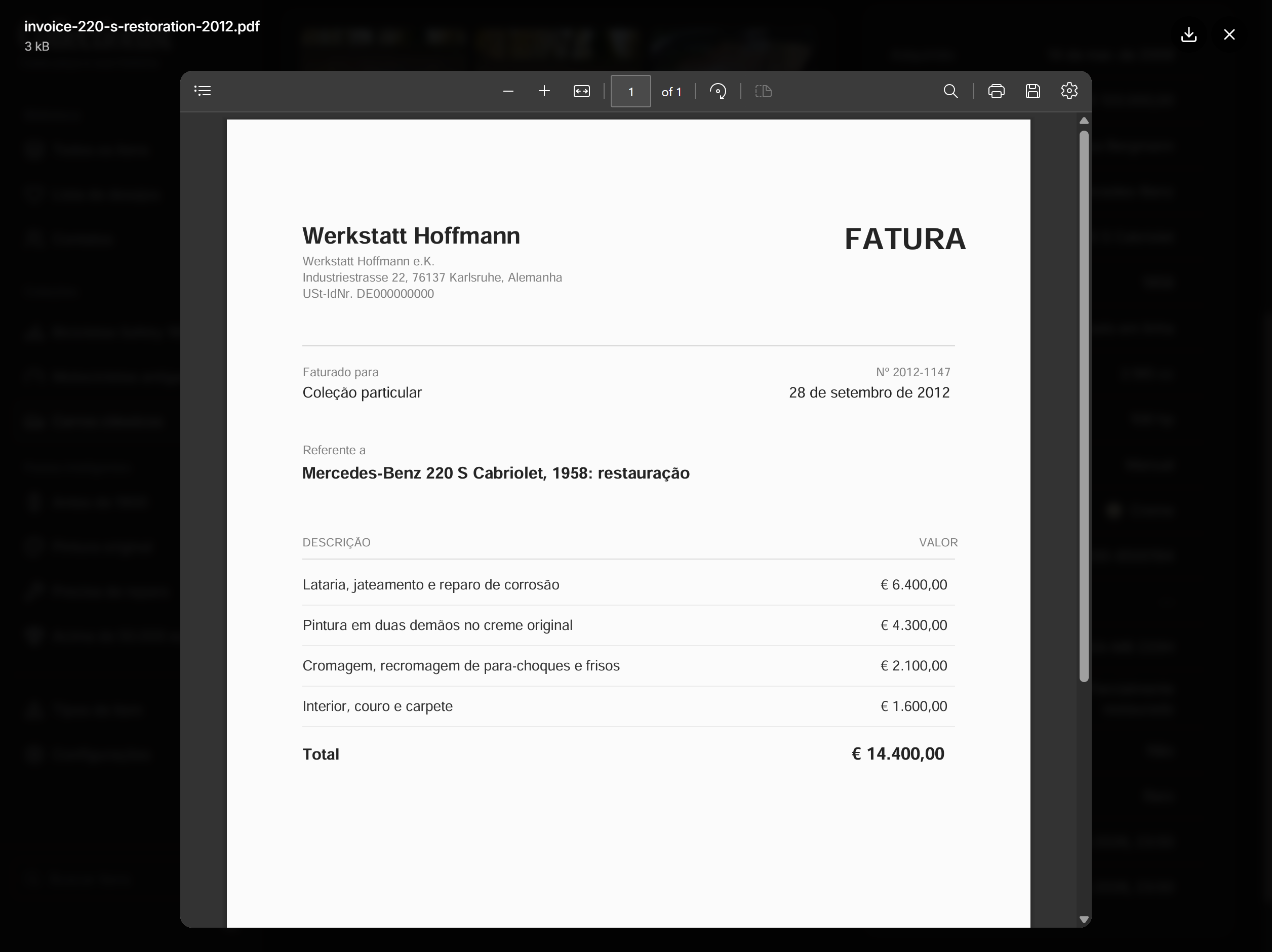 A linha do tempo de um item com um registro aberto e uma nota fiscal em PDF no visualizador.