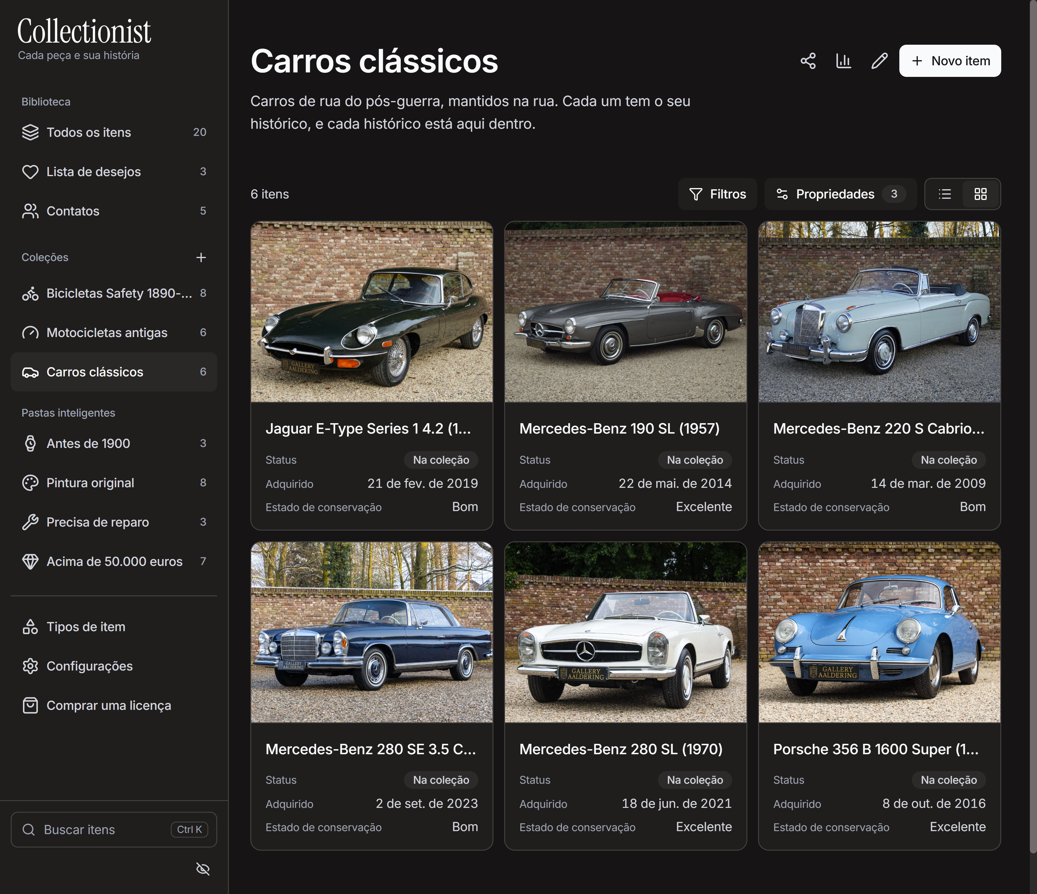 Uma coleção de seis carros clássicos em galeria; cada cartão traz a foto, o status, a data de aquisição e o estado de conservação.