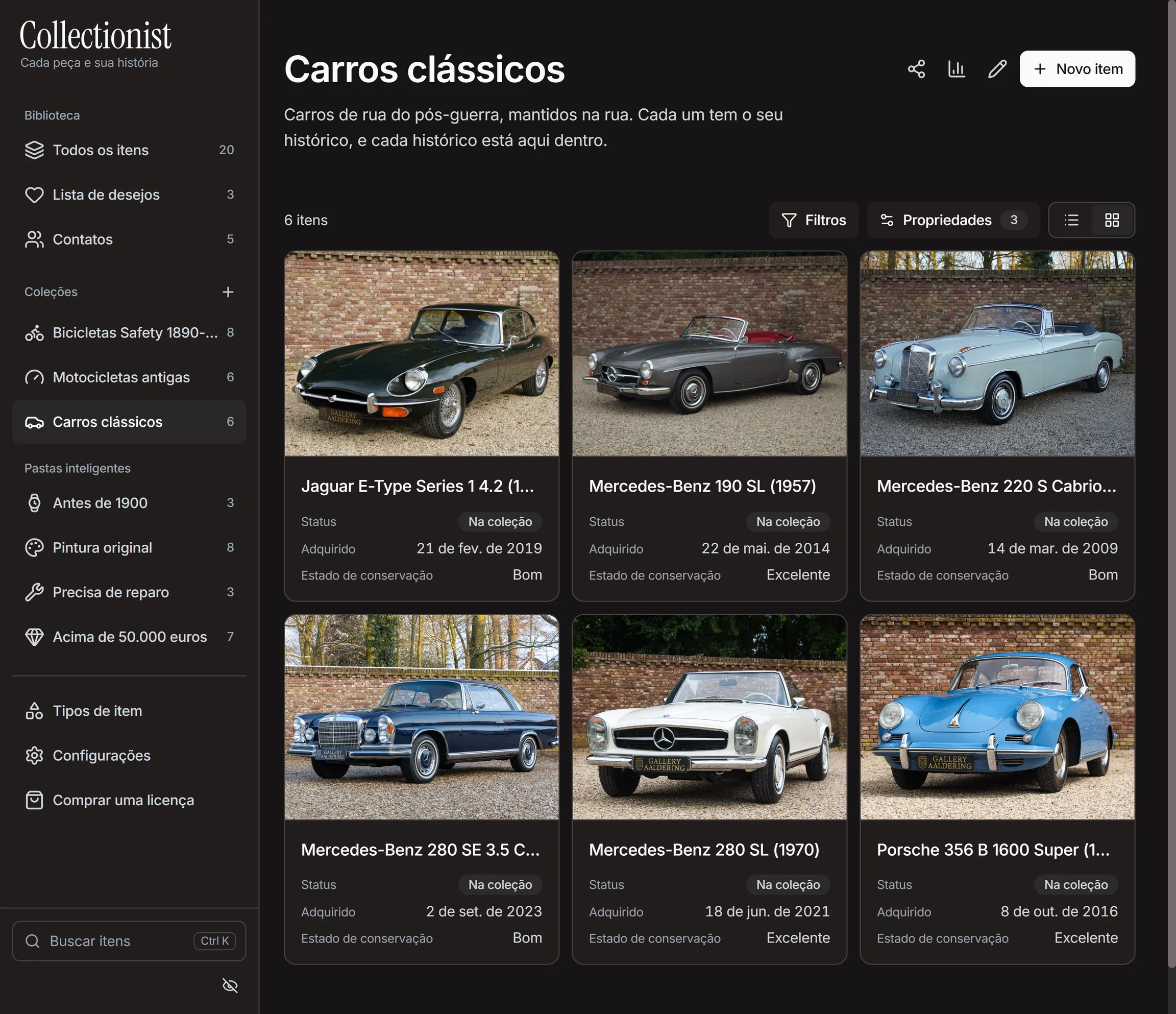 Uma coleção de seis carros clássicos em galeria; cada cartão traz a foto, o status, a data de aquisição e o estado de conservação.