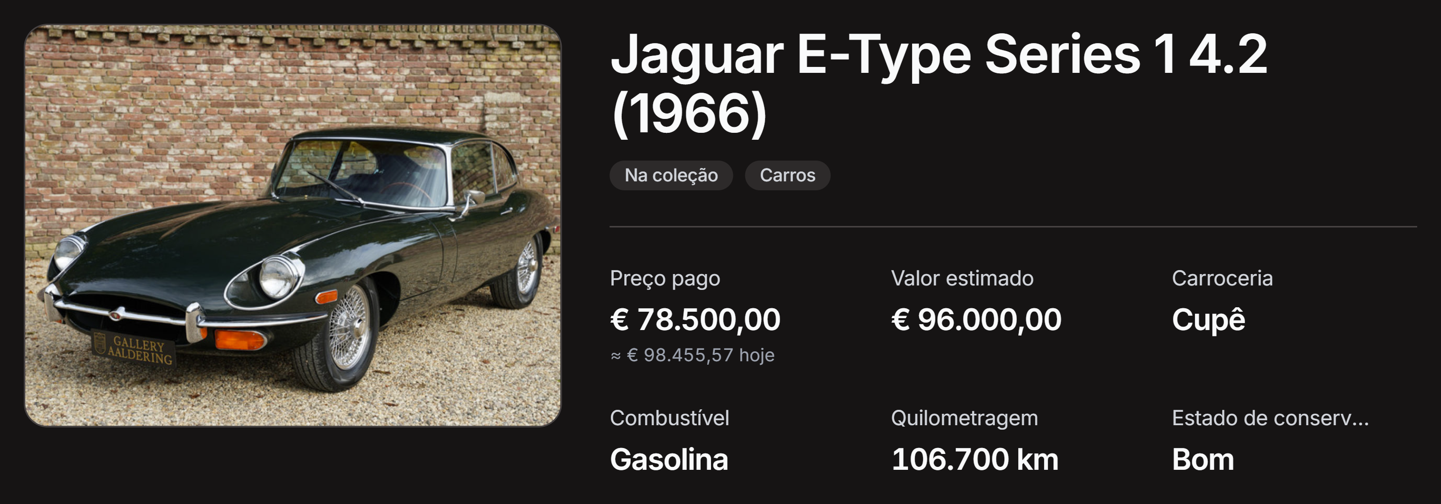 A tela de um item, com o preço pago e o valor corrigido pela inflação embaixo.