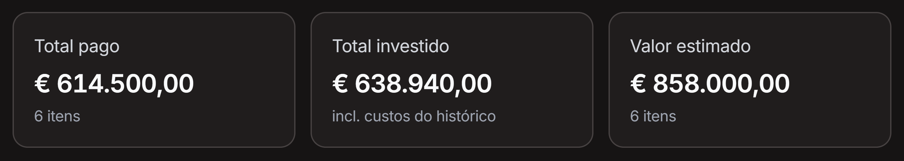 A faixa de estatísticas mostrando o total pago e o total investido lado a lado.